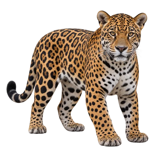 Realistic-style illustration of jaguar with a stocky spotted body and thick tail