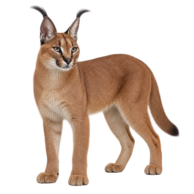 Realistic-style illustration of caracal with tall black ear tufts and reddish fur