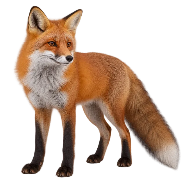 Realistic-style illustration of red fox with orange fur, black legs and a pale chest