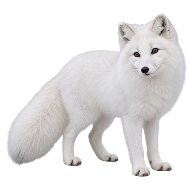 Realistic-style illustration of arctic fox with thick white fur and a bushy tail