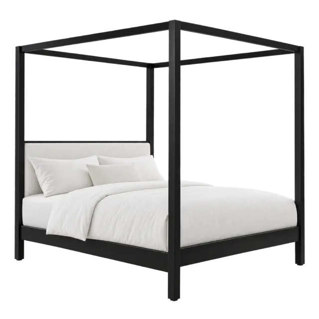 A black four-poster canopy bed with an open rectangular frame and white bedding