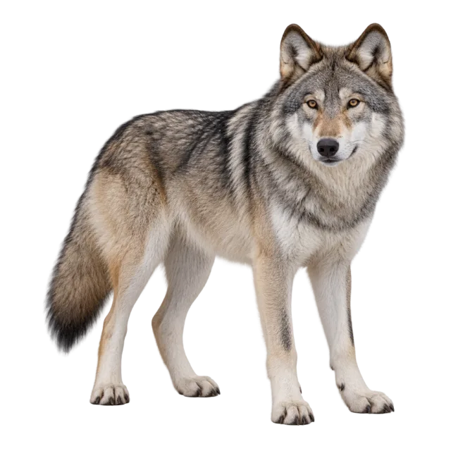 Realistic-style illustration of gray wolf with gray-brown fur and pointed ears