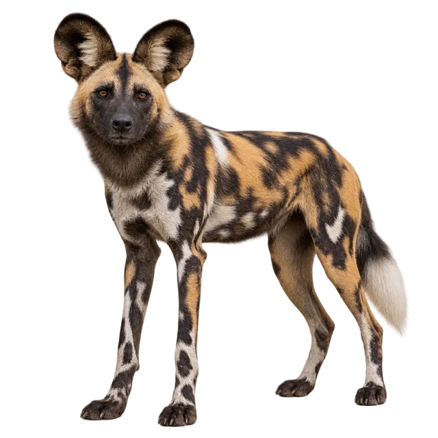 Realistic-style illustration of african wild dog with mottled dark and tan fur with rounded ears