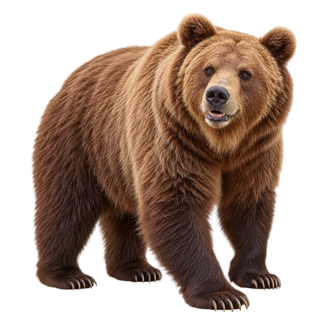 Realistic-style illustration of brown bear with thick brown fur and rounded ears