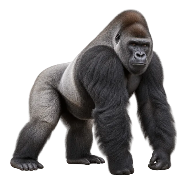 Realistic-style illustration of western gorilla with broad shoulders and dark gray fur