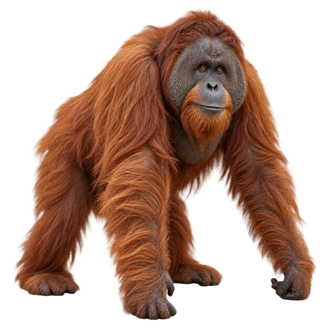Realistic-style illustration of orangutan with long reddish-orange fur