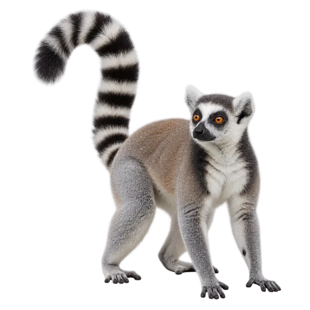 Realistic-style illustration of ring tailed lemur with a black and white ringed tail