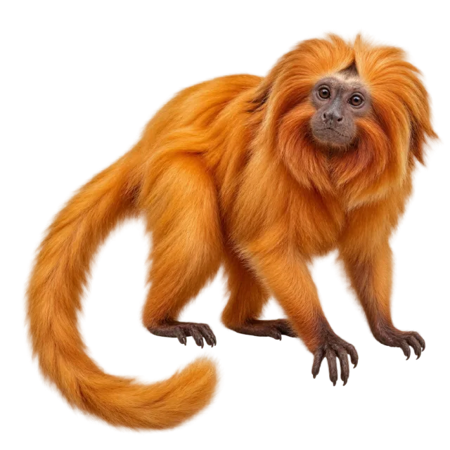 Realistic-style illustration of golden lion tamarin with bright orange fur and a long tail