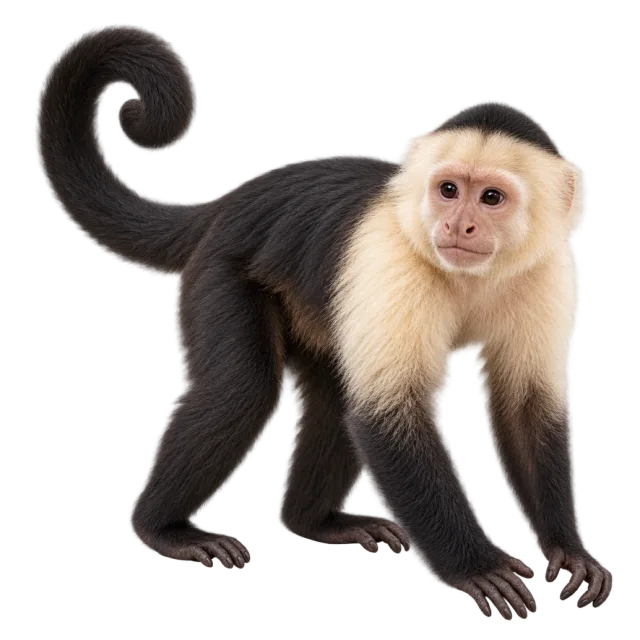 Realistic-style illustration of capuchin monkey with dark fur with a pale face and shoulders