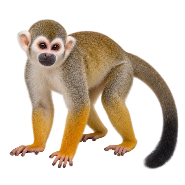 Realistic-style illustration of squirrel monkey with yellow-brown limbs and pale facial markings