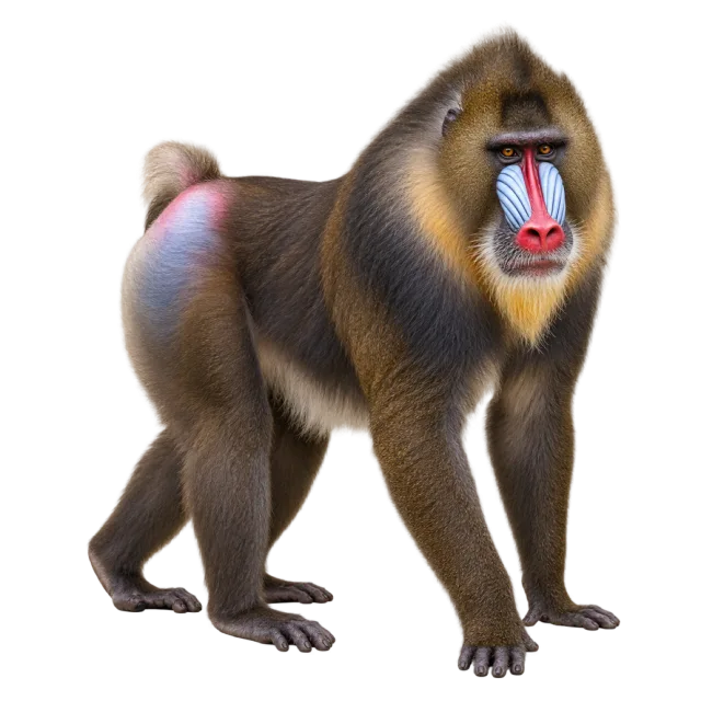 Realistic-style illustration of mandrill with red and blue facial markings