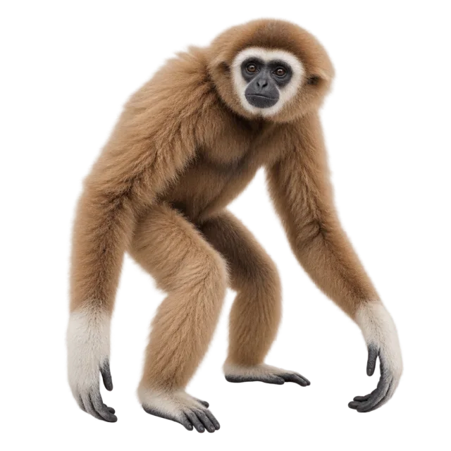Realistic-style illustration of white handed gibbon with long arms and pale hands