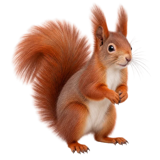Realistic-style illustration of red squirrel with reddish fur, tufted ears and a bushy tail