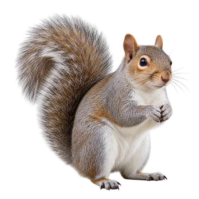 Realistic-style illustration of gray squirrel with gray fur and a large bushy tail