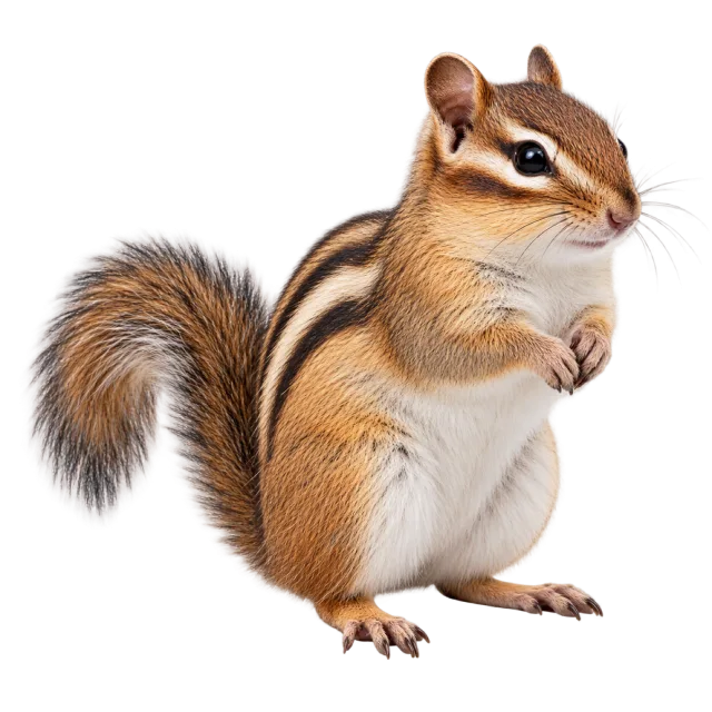 Realistic-style illustration of chipmunk with striped brown fur and a raised tail