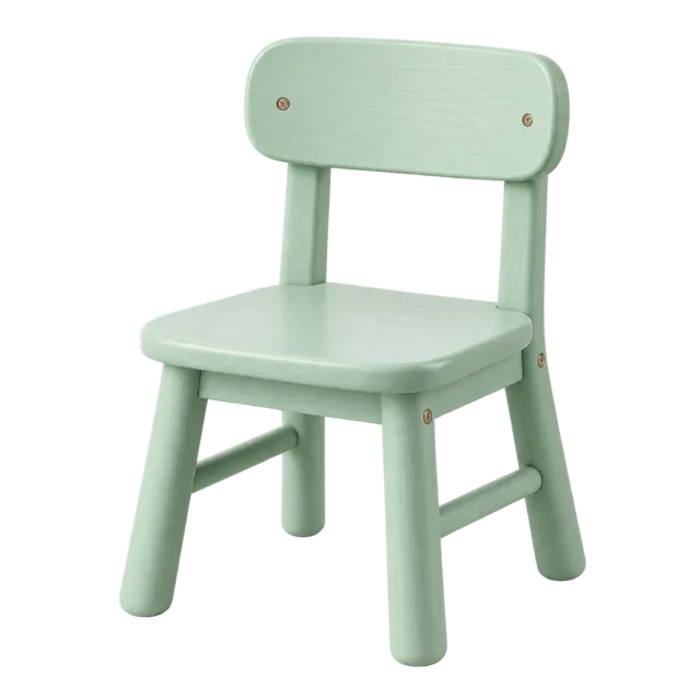 A small mint green chair with a rounded backrest and simple wooden legs