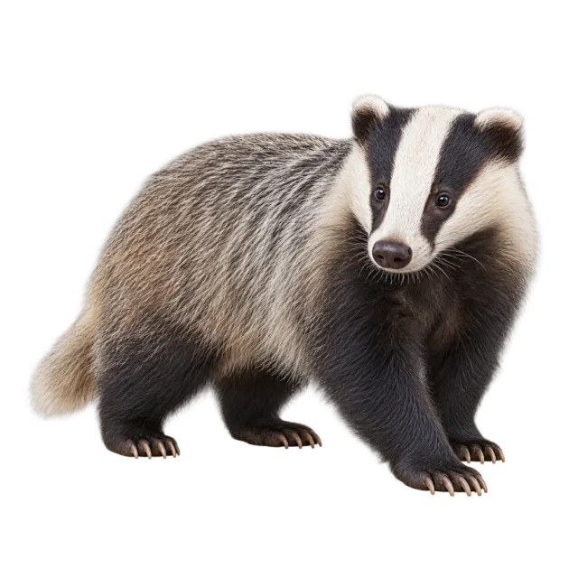 Realistic-style illustration of european badger with black and white facial stripes