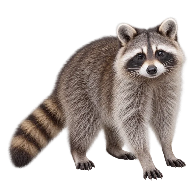 Realistic-style illustration of raccoon with a dark facial mask and ringed tail