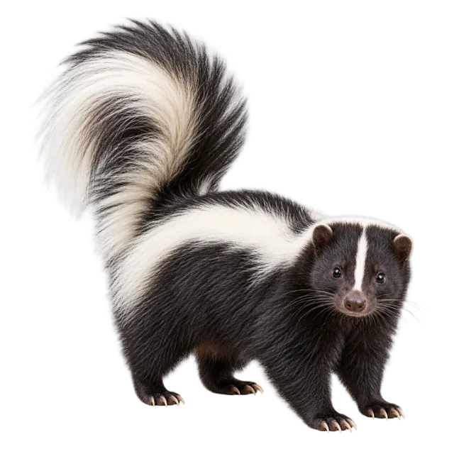 Realistic-style illustration of striped skunk with bold white stripes on black fur