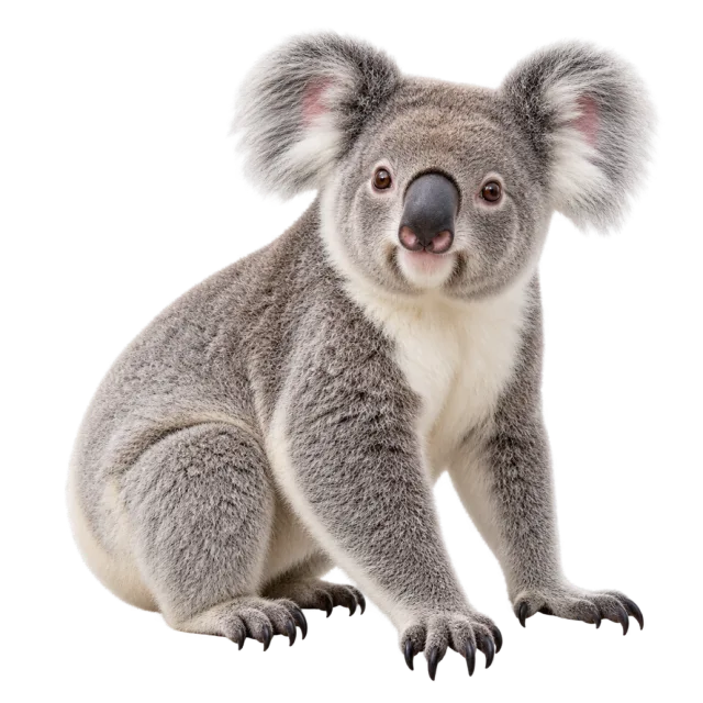 Realistic-style illustration of koala with gray fur, round ears and a dark nose