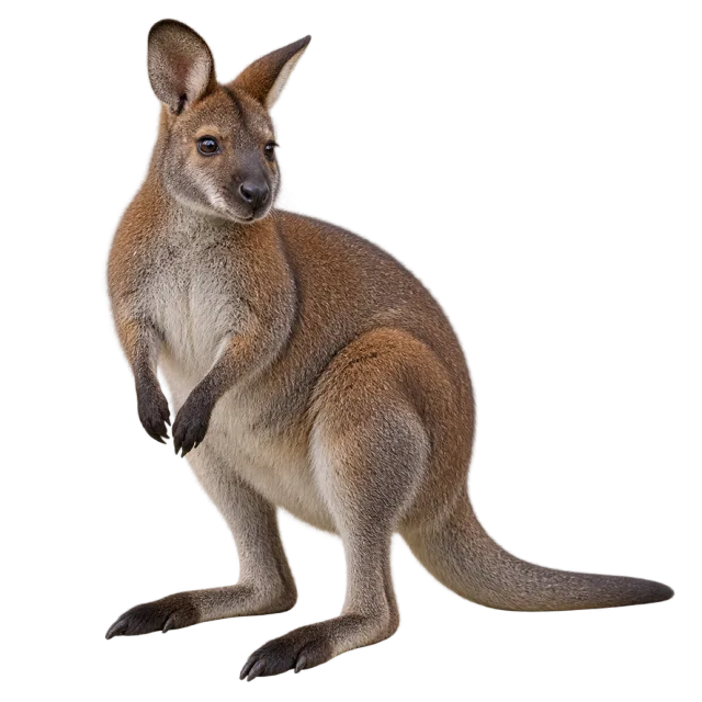 Realistic-style illustration of wallaby with brown fur and large upright ears