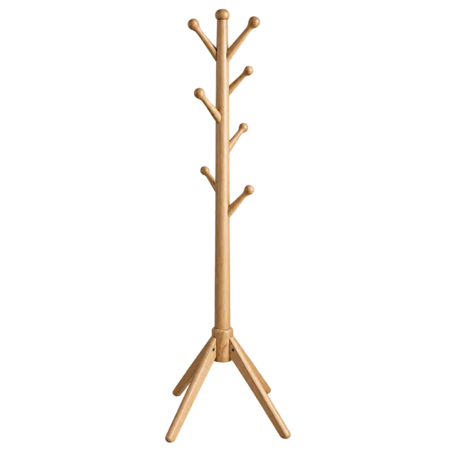 A natural wood coat stand with branching hooks and a tripod base