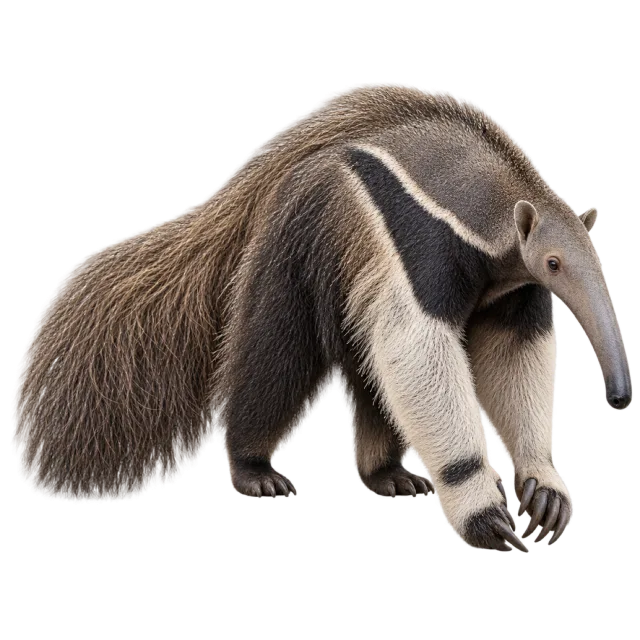 Realistic-style illustration of giant anteater with a long narrow snout and bushy tail