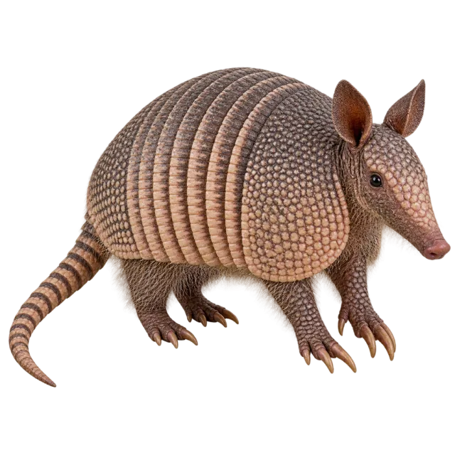 Realistic-style illustration of nine banded armadillo with banded armor and a long tapered tail