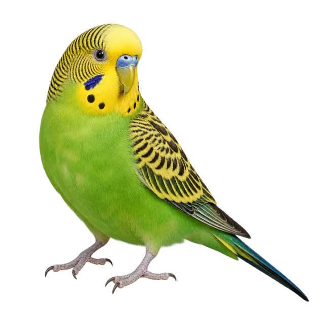 Realistic-style illustration of green budgerigar with green plumage with a yellow head
