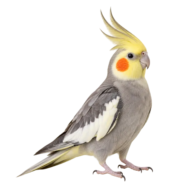 Realistic-style illustration of cockatiel with a yellow crest and orange cheek patches