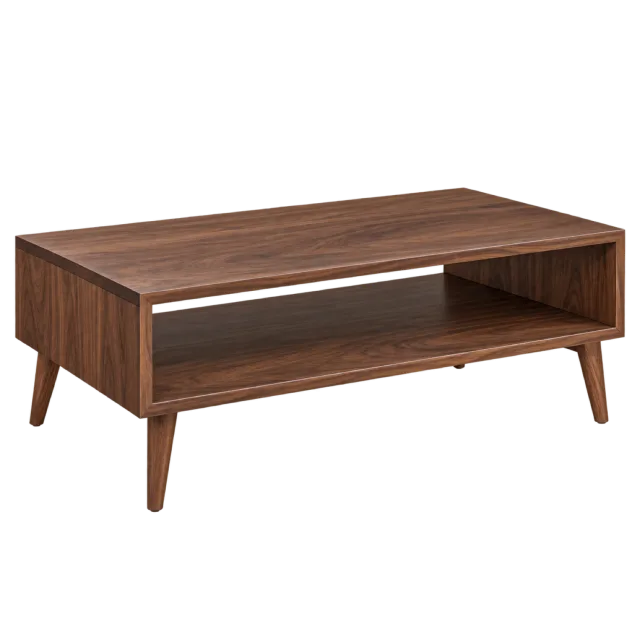 A rectangular dark wood coffee table with an open lower shelf and tapered legs