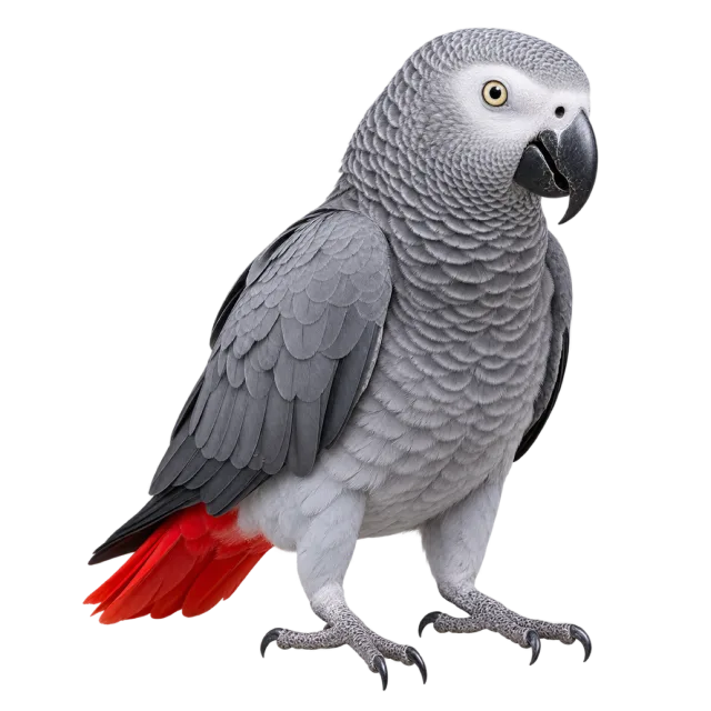 Realistic-style illustration of african gray parrot with gray feathers and a red tail
