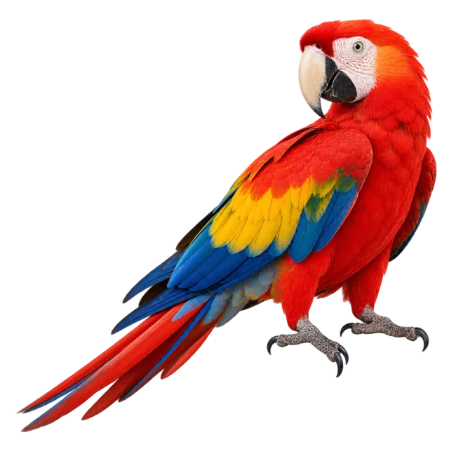 Realistic-style illustration of scarlet macaw with red plumage with yellow and blue wing feathers