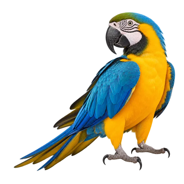 Realistic-style illustration of blue and gold macaw with blue wings and a golden-yellow chest