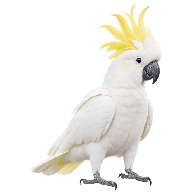 Realistic-style illustration of sulphur crested cockatoo with white plumage and a yellow crest