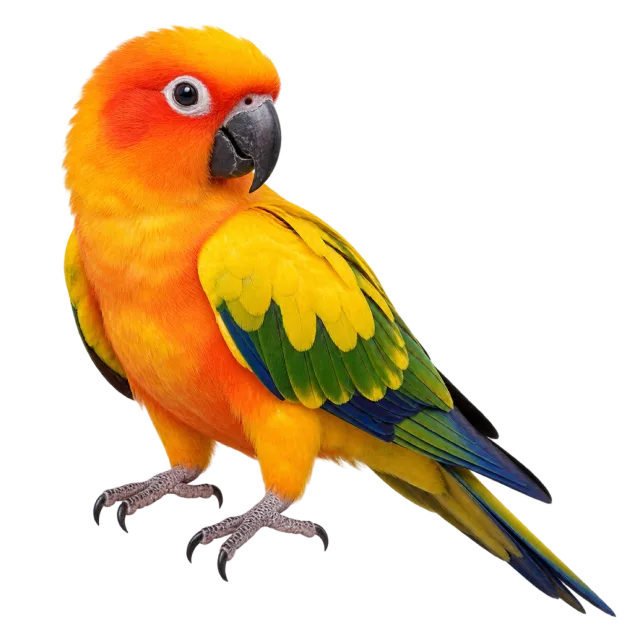 Realistic-style illustration of sun conure with orange and yellow plumage with green wings