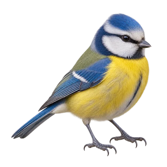 Realistic-style illustration of blue tit with blue head feathers and a yellow breast