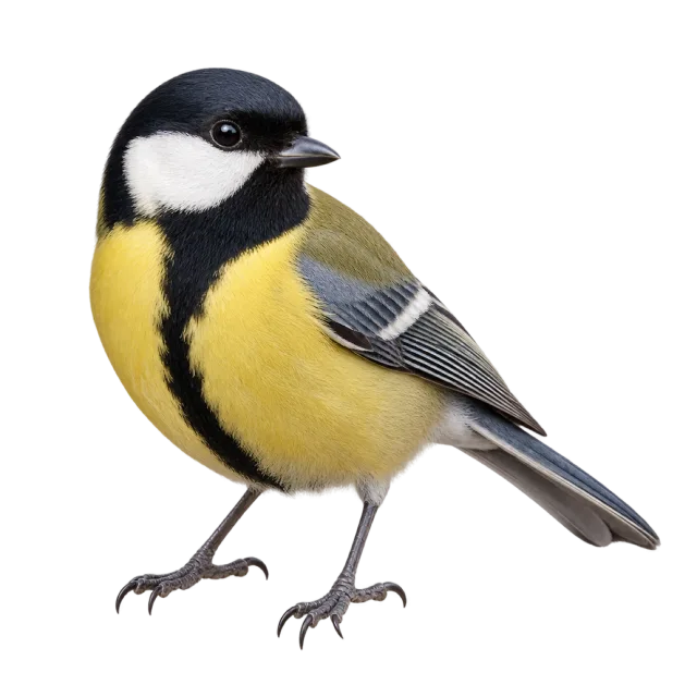 Realistic-style illustration of great tit with a black head and yellow breast