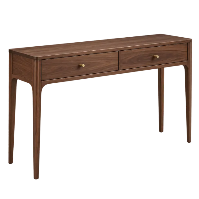 A slim wooden console table with two drawers, small knobs and long legs