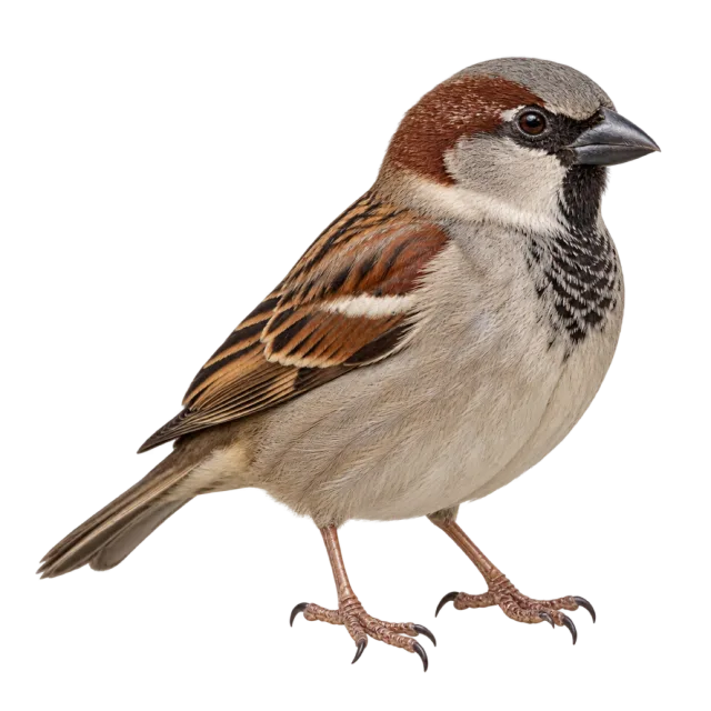 Realistic-style illustration of house sparrow with brown patterned wings and a pale belly