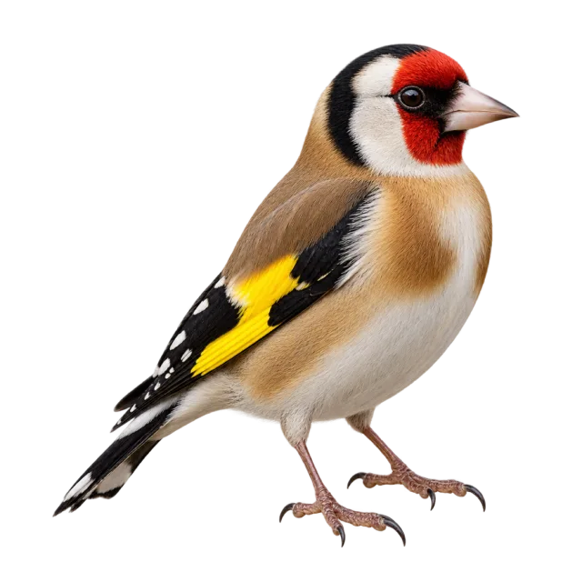 Realistic-style illustration of goldfinch with red facial markings and yellow wing accents