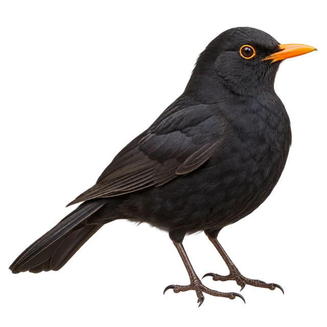 Realistic-style illustration of european blackbird with black plumage and an orange-yellow beak
