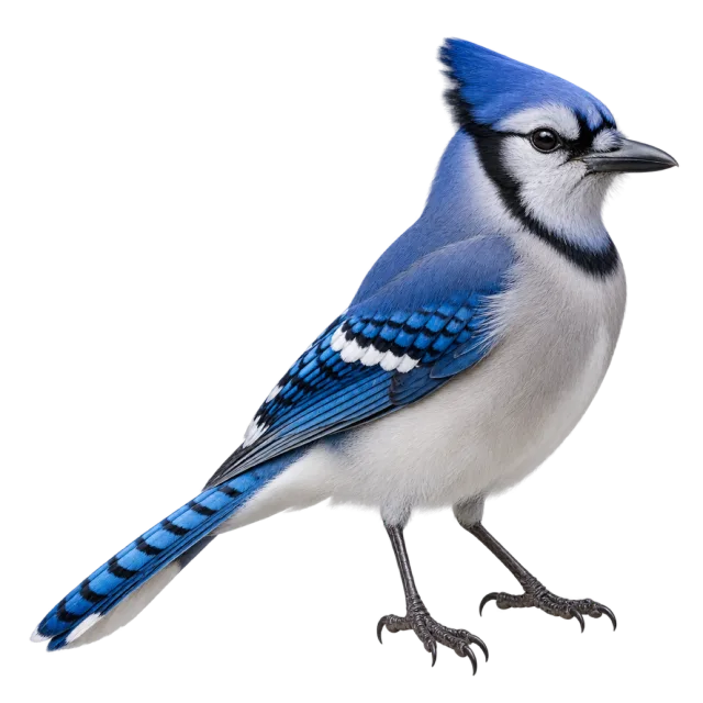 Realistic-style illustration of blue jay with blue plumage and a raised crest