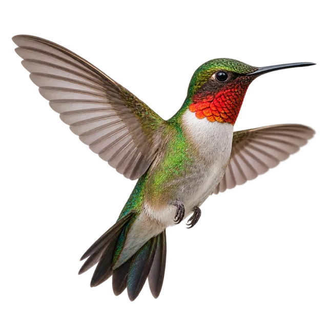 Realistic-style illustration of hummingbird with a long narrow bill and spread wings