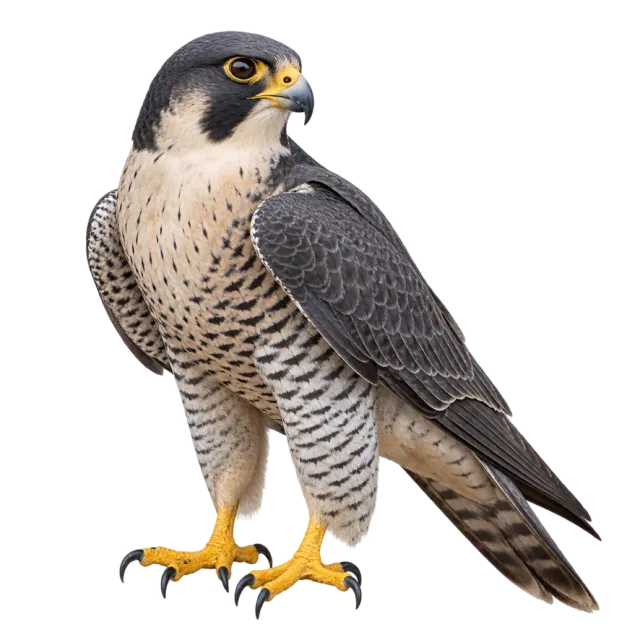 Realistic-style illustration of peregrine falcon with dark wings and a patterned pale chest
