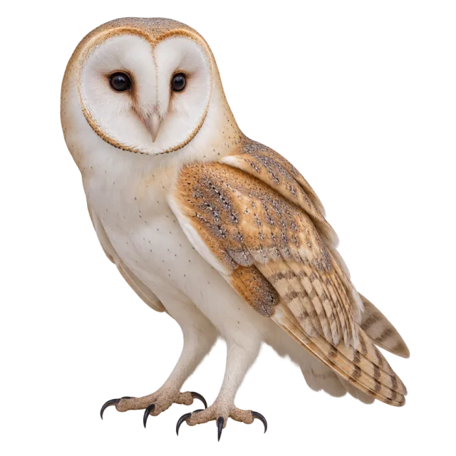 Realistic-style illustration of barn owl with a pale heart-shaped face