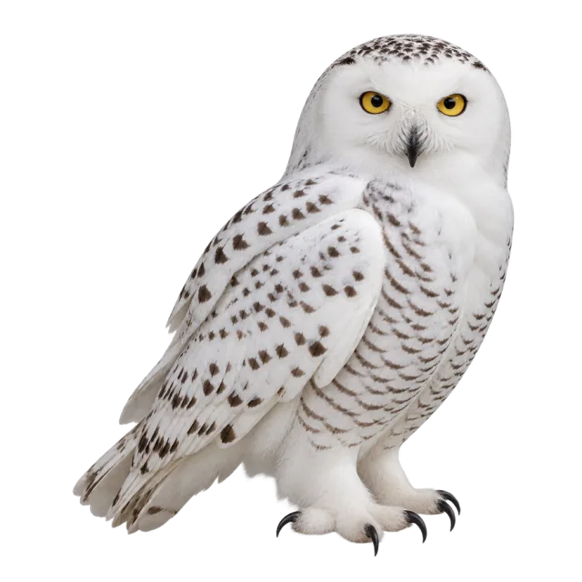 Realistic-style illustration of snowy owl with white feathers with dark speckles