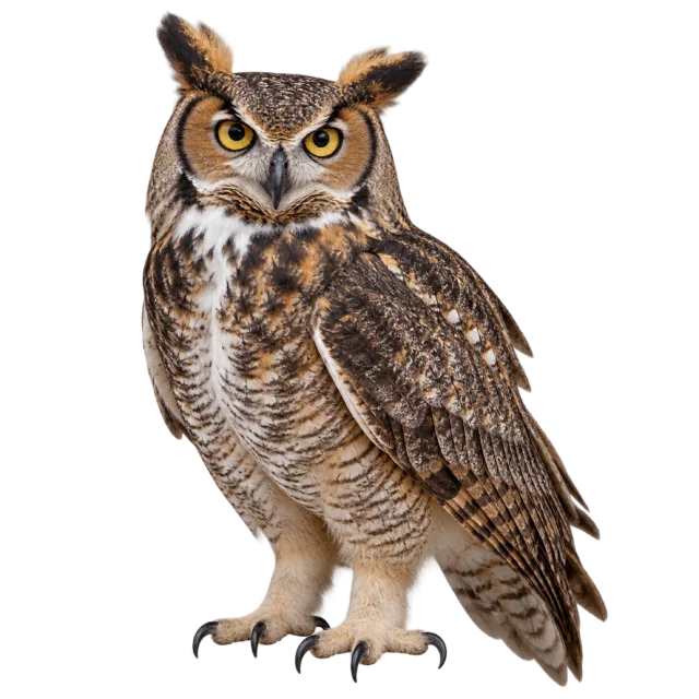 Realistic-style illustration of great horned owl with prominent ear tufts and patterned brown feathers