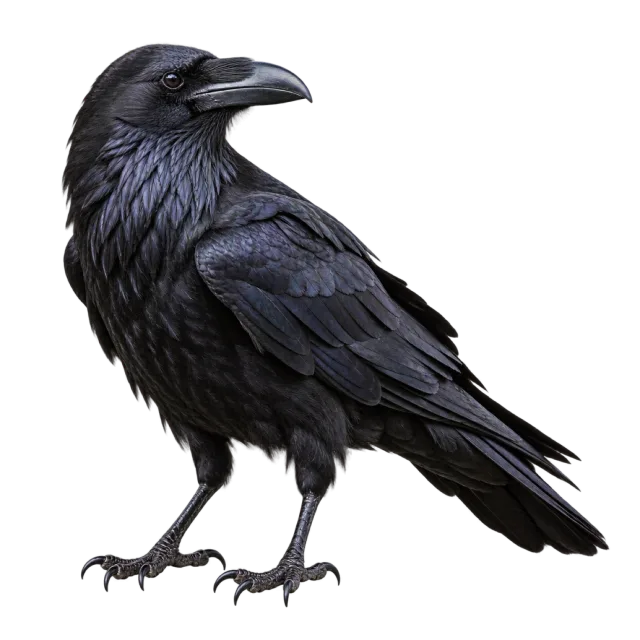 Realistic-style illustration of raven with glossy dark feathers and a thick bill