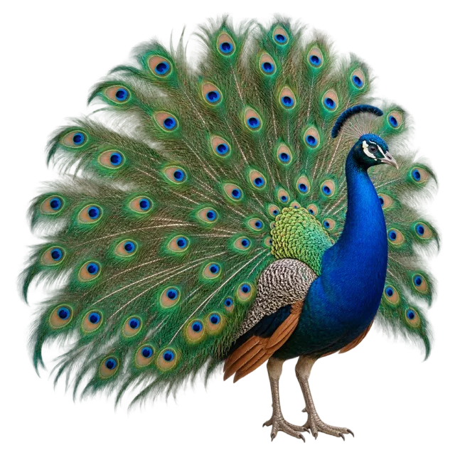 Realistic-style illustration of peacock with blue neck feathers and patterned green tail feathers